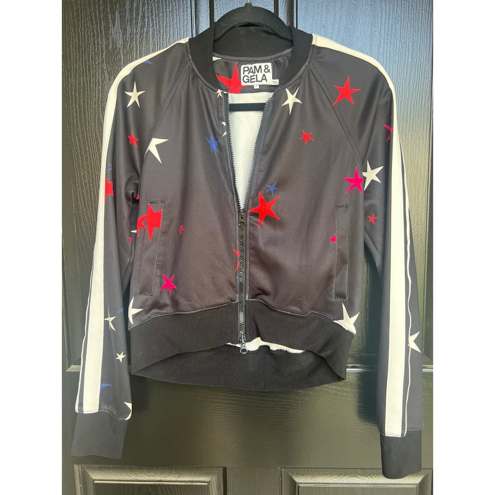 Pam & Gela Black Star Print Bomber Jacket Track Zip Up White Stripe Petite P
